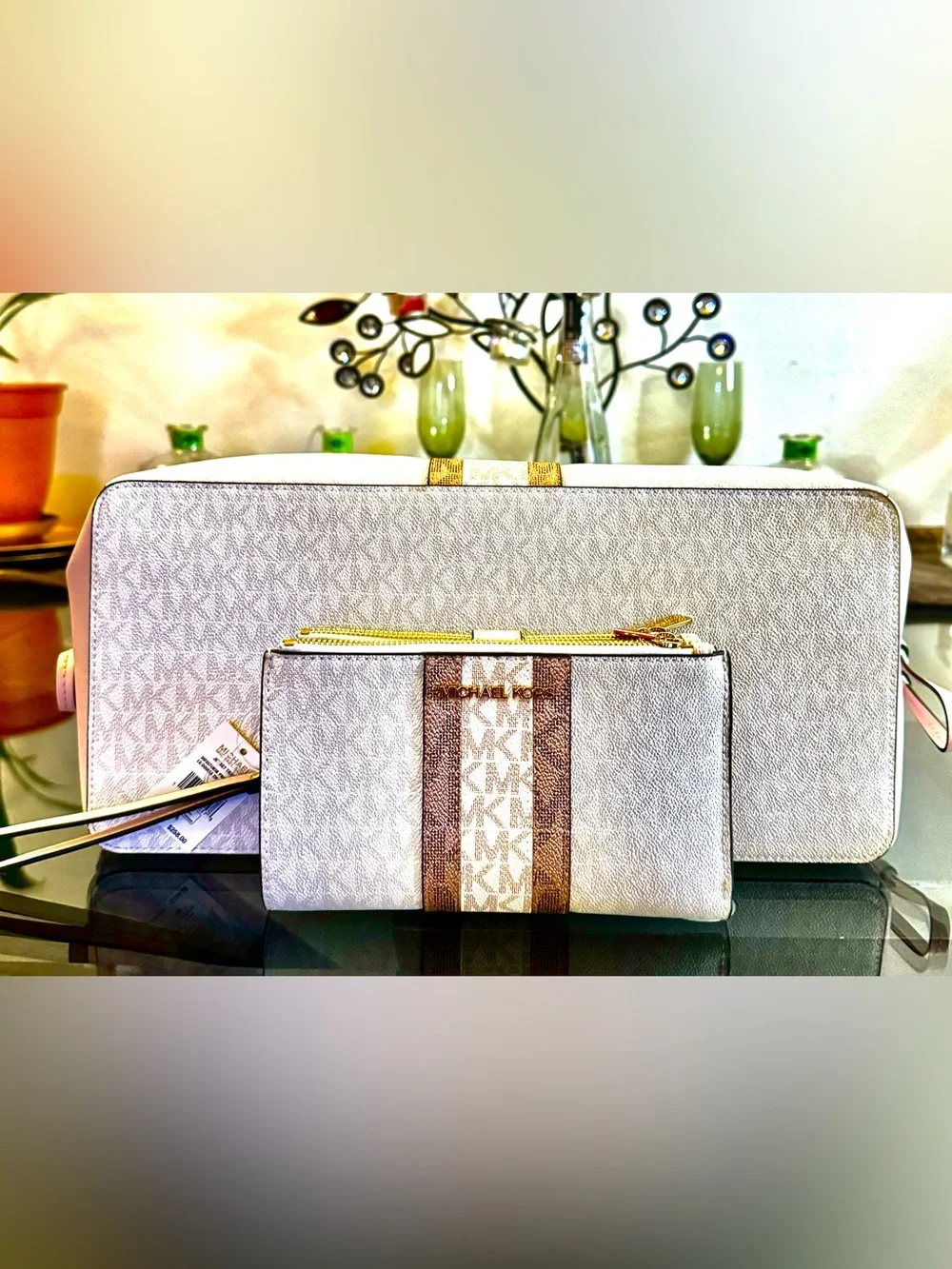 Michael Kors Cream and Brown Logo Wristlet and Clutch Set